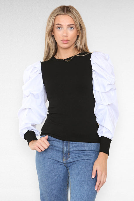 Oversized Puff Sleeves Ribbed Top - AApex Store 