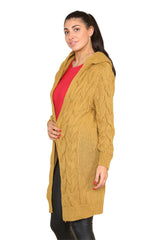 Beige Knitted Cables Hooded Long Over Sized Cardigan - AApex Store 