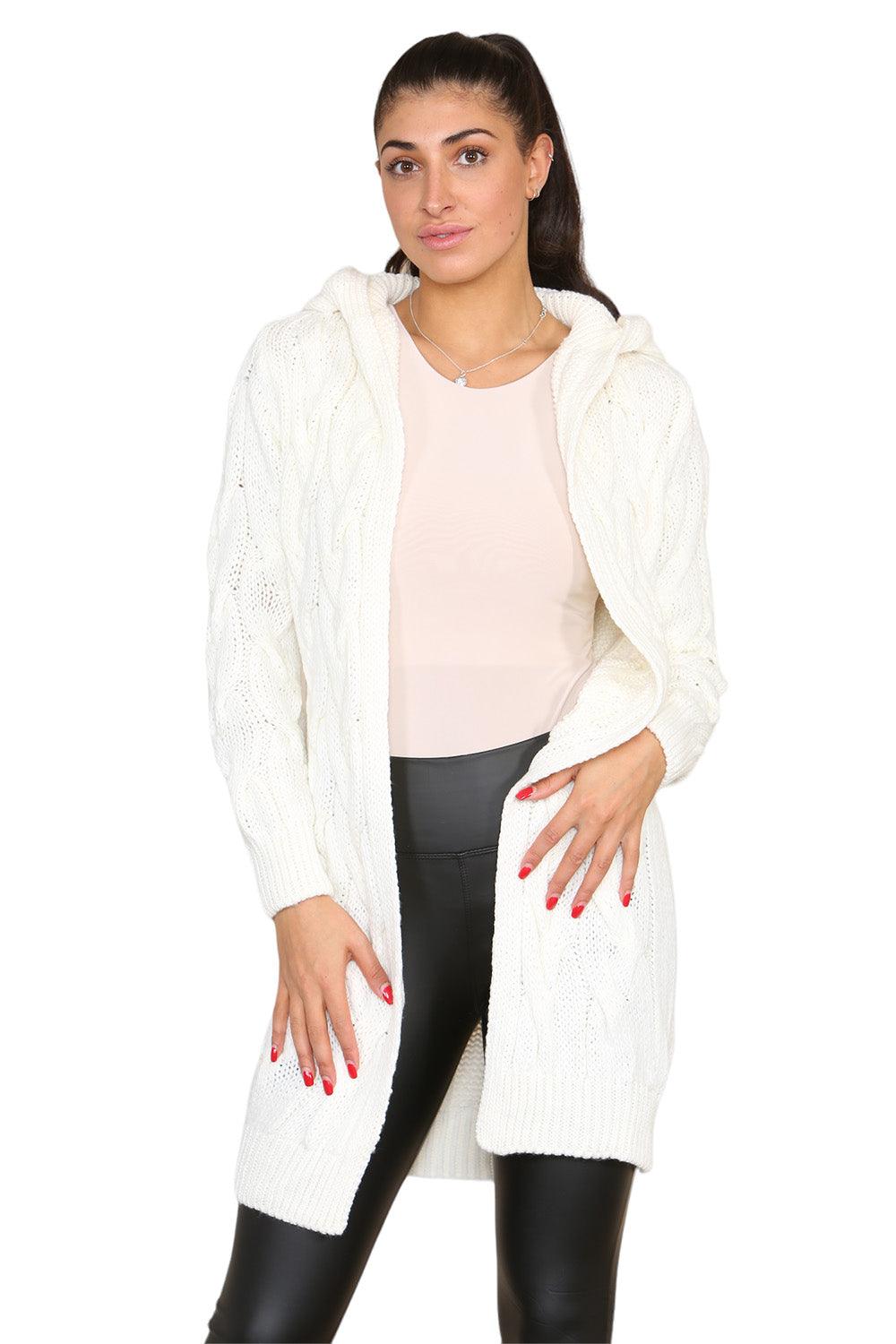 Beige Knitted Cables Hooded Long Over Sized Cardigan - AApex Store 