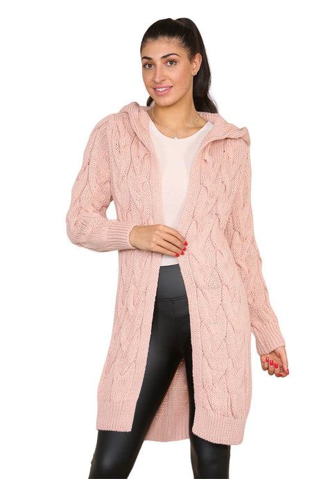 Beige Knitted Cables Hooded Long Over Sized Cardigan - AApex Store 