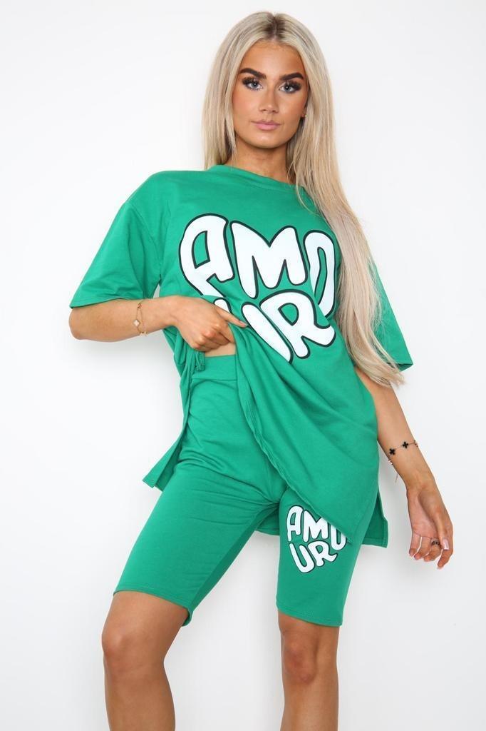 Amour Side Slit Cycling Short and T-Shirts Co-Ord Two Piece Set with Front Amour Slogan - AApex Store 