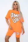 Amour Side Slit Cycling Short and T-Shirts Co-Ord Two Piece Set with Front Amour Slogan - AApex Store 