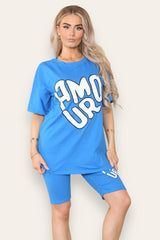 Amour Side Slit Cycling Short and T-Shirts Co-Ord Two Piece Set with Front Amour Slogan - AApex Store 