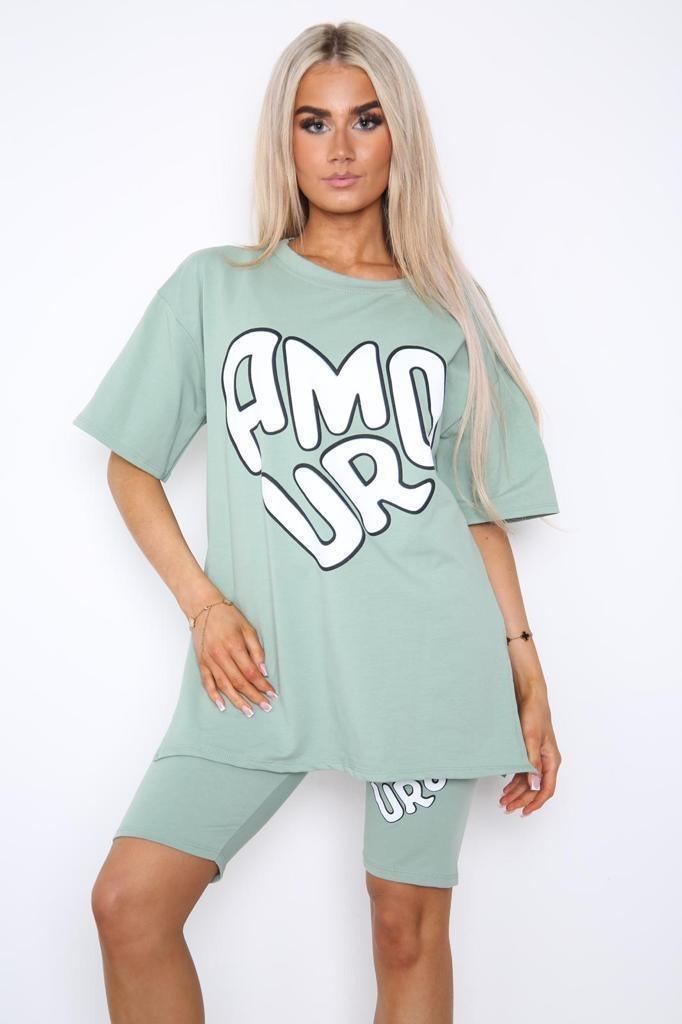 Amour Side Slit Cycling Short and T-Shirts Co-Ord Two Piece Set with Front Amour Slogan - AApex Store 