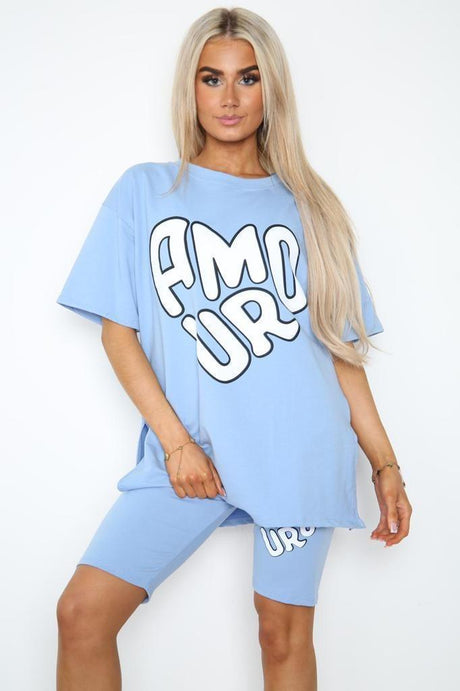 Amour Side Slit Cycling Short and T-Shirts Co-Ord Two Piece Set with Front Amour Slogan Sky Blue Front