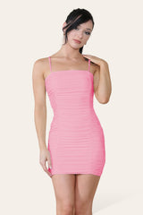 Double Layered Naked Shoulder Ruched Body-Con Cami Dress Mini Style - AApex Store 