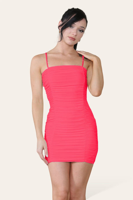 Double Layered Naked Shoulder Ruched Body-Con Cami Dress Mini Style - AApex Store 