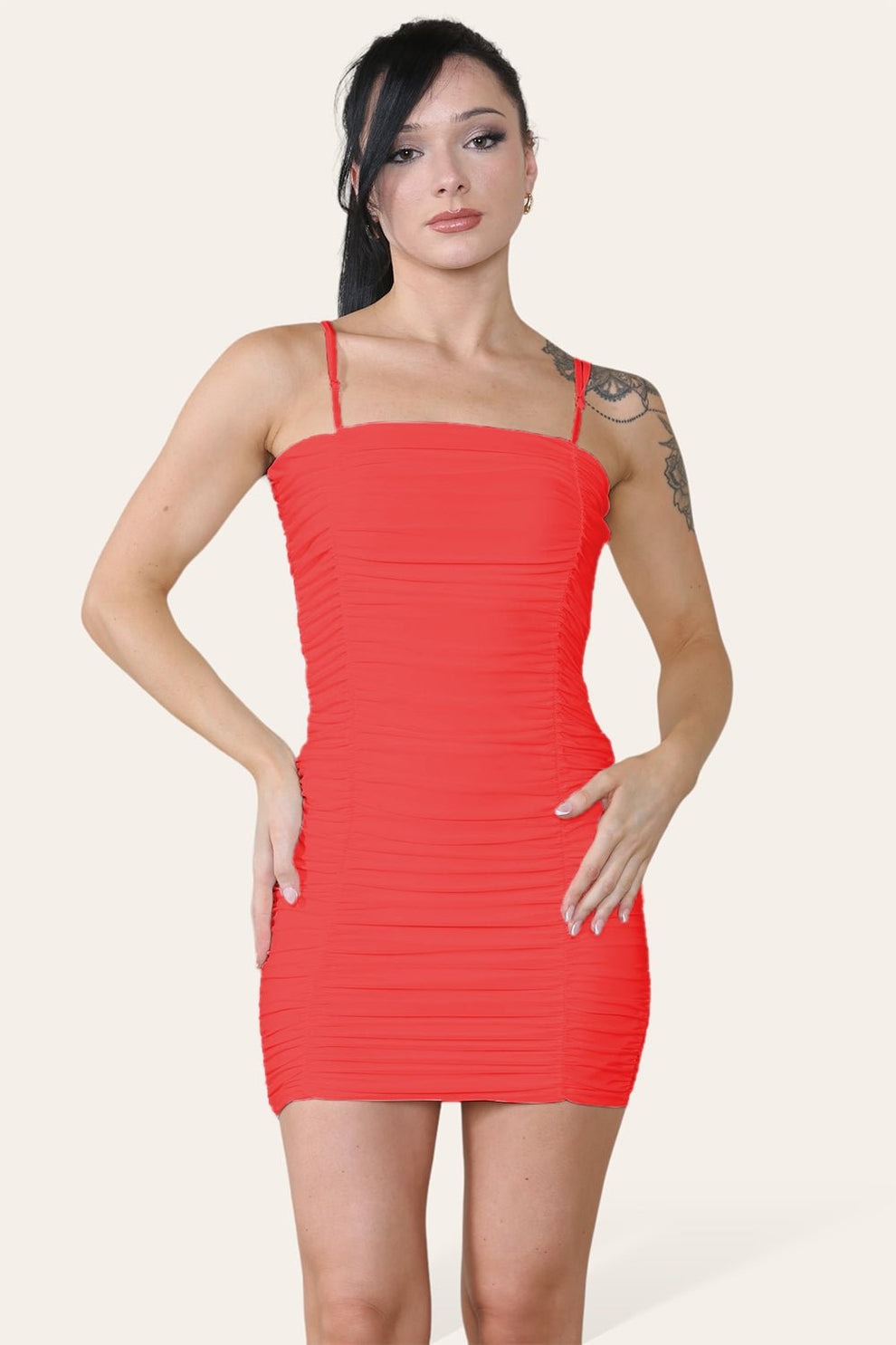 Double Layered Naked Shoulder Ruched Body-Con Cami Dress Mini Style - AApex Store 