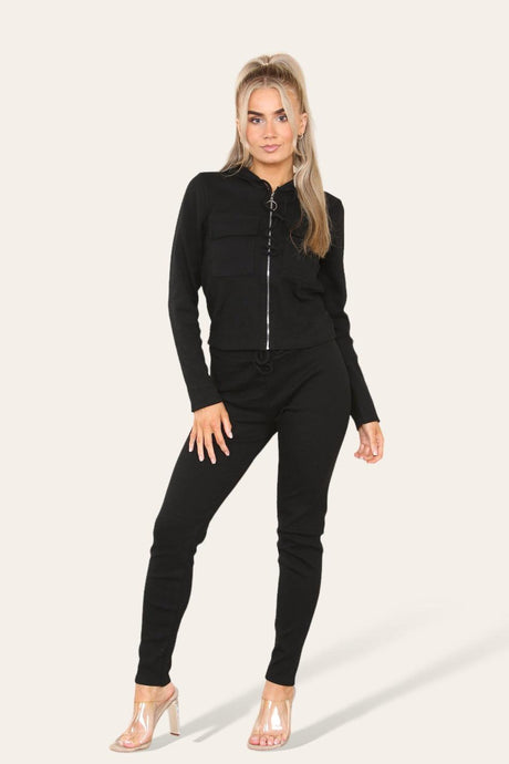 Front Pocket Zip Suit Ribbed Hooded Lounge Wear Set - AApex Store 