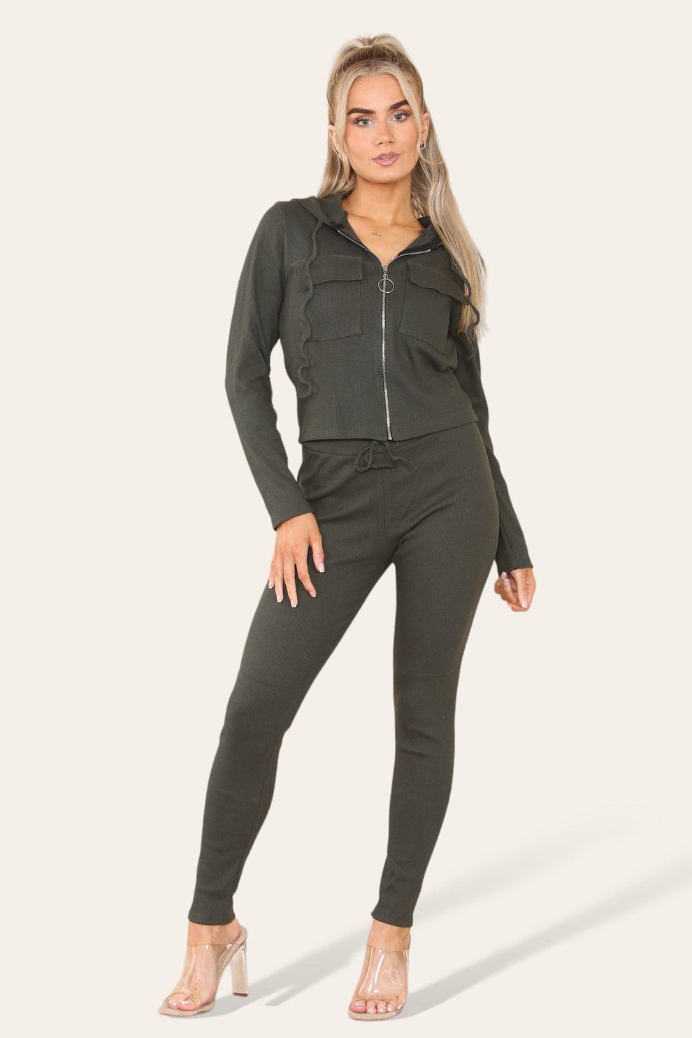 Front Pocket Zip Suit Ribbed Hooded Lounge Wear Set - AApex Store 