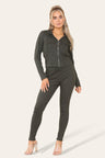 Front Pocket Zip Suit Ribbed Hooded Lounge Wear Set - AApex Store 