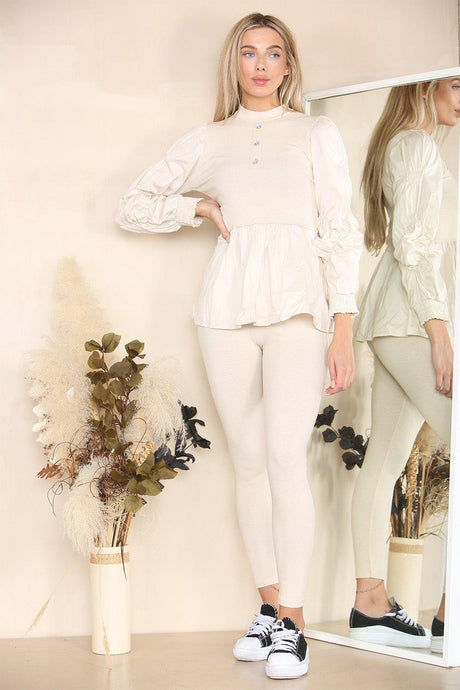 Beige Long Ruched Sleeves Ribbed Peplum Diamond Buttons Frilled Hem Lounge Wear Co-Ord Set - AApex Store 