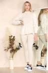 Beige Long Ruched Sleeves Ribbed Peplum Diamond Buttons Frilled Hem Lounge Wear Co-Ord Set - AApex Store 