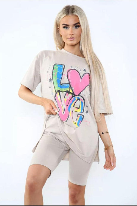 Love Side Slit Cycling Short and T-Shirts Co-Ord Two Piece Set with Front Love Slogan - AApex Store 