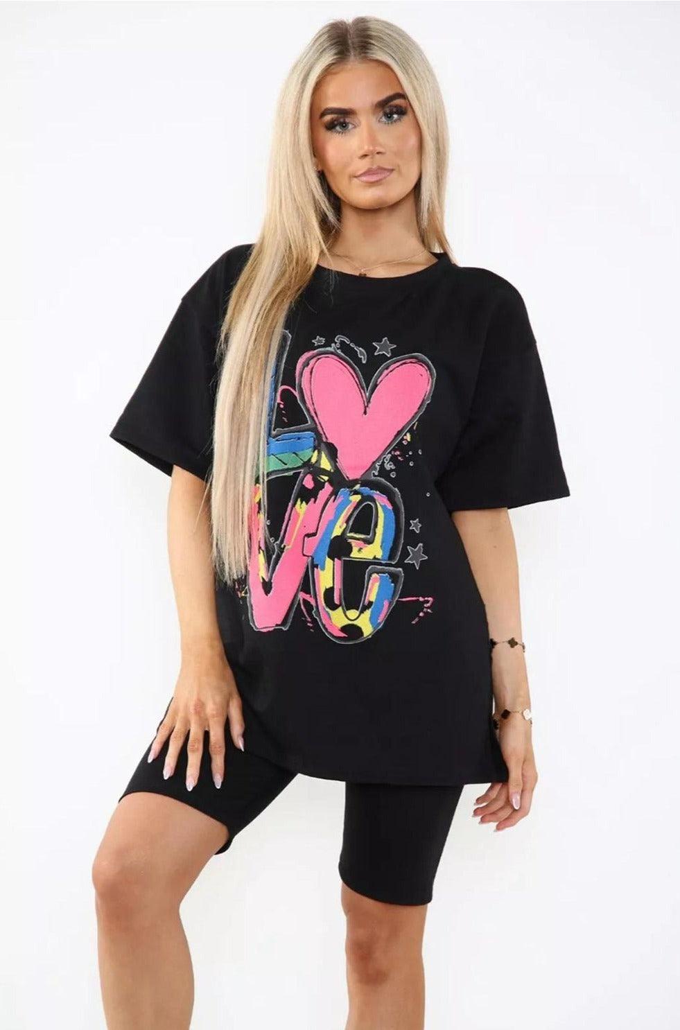 Love Side Slit Cycling Short and T-Shirts Co-Ord Two Piece Set with Front Love Slogan - AApex Store 