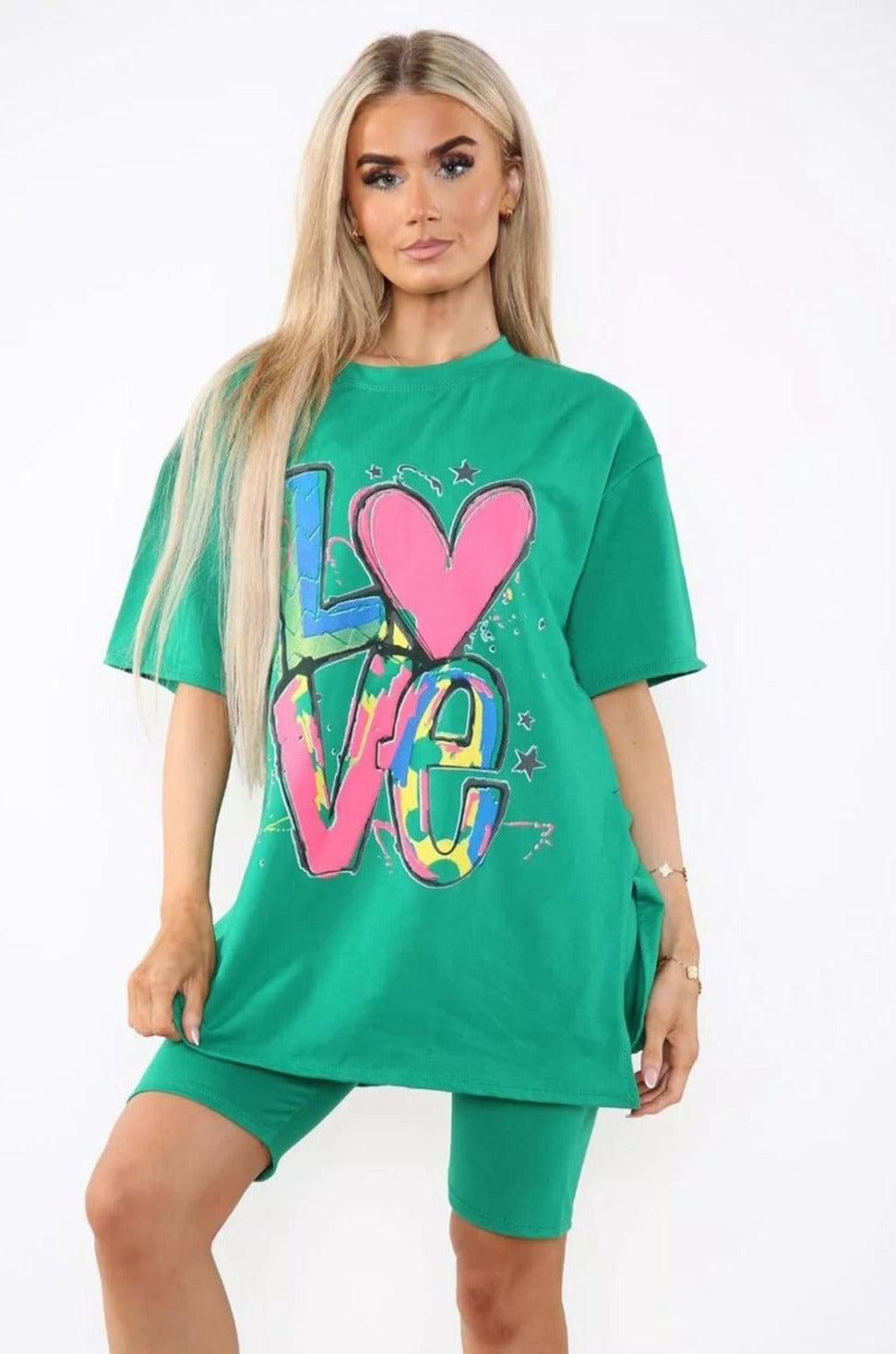 Love Side Slit Cycling Short and T-Shirts Co-Ord Two Piece Set with Front Love Slogan - AApex Store 