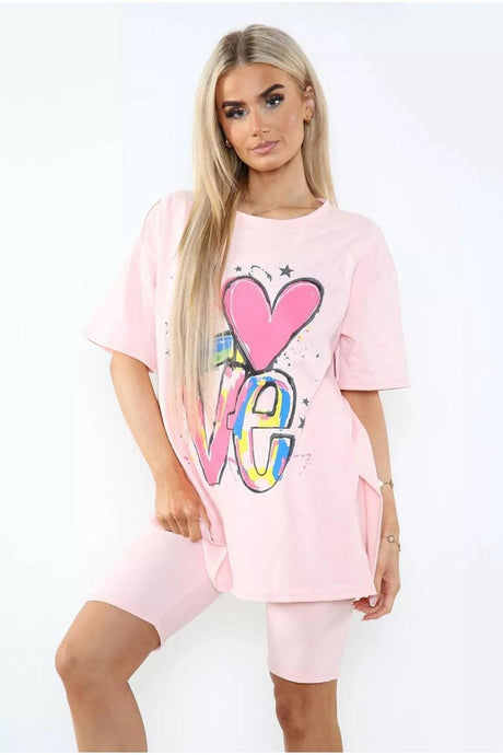 Love Side Slit Cycling Short and T-Shirts Co-Ord Two Piece Set with Front Love Slogan - AApex Store 