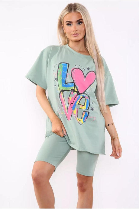 Love Side Slit Cycling Short and T-Shirts Co-Ord Two Piece Set with Front Love Slogan - AApex Store 