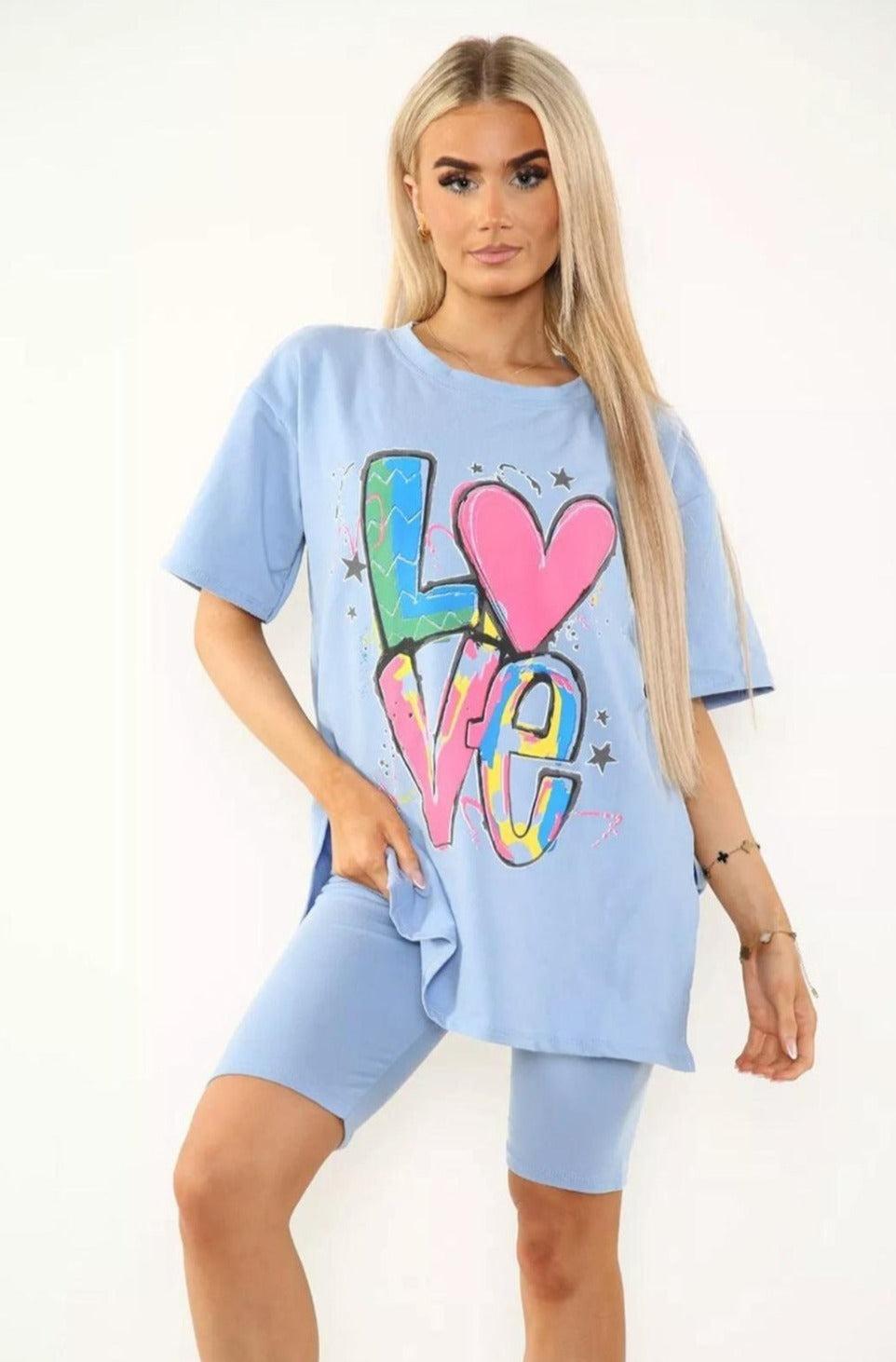 Love Side Slit Cycling Short and T-Shirts Co-Ord Two Piece Set with Front Love Slogan - AApex Store 