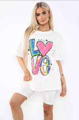 Love Side Slit Cycling Short and T-Shirts Co-Ord Two Piece Set with Front Love Slogan - AApex Store 