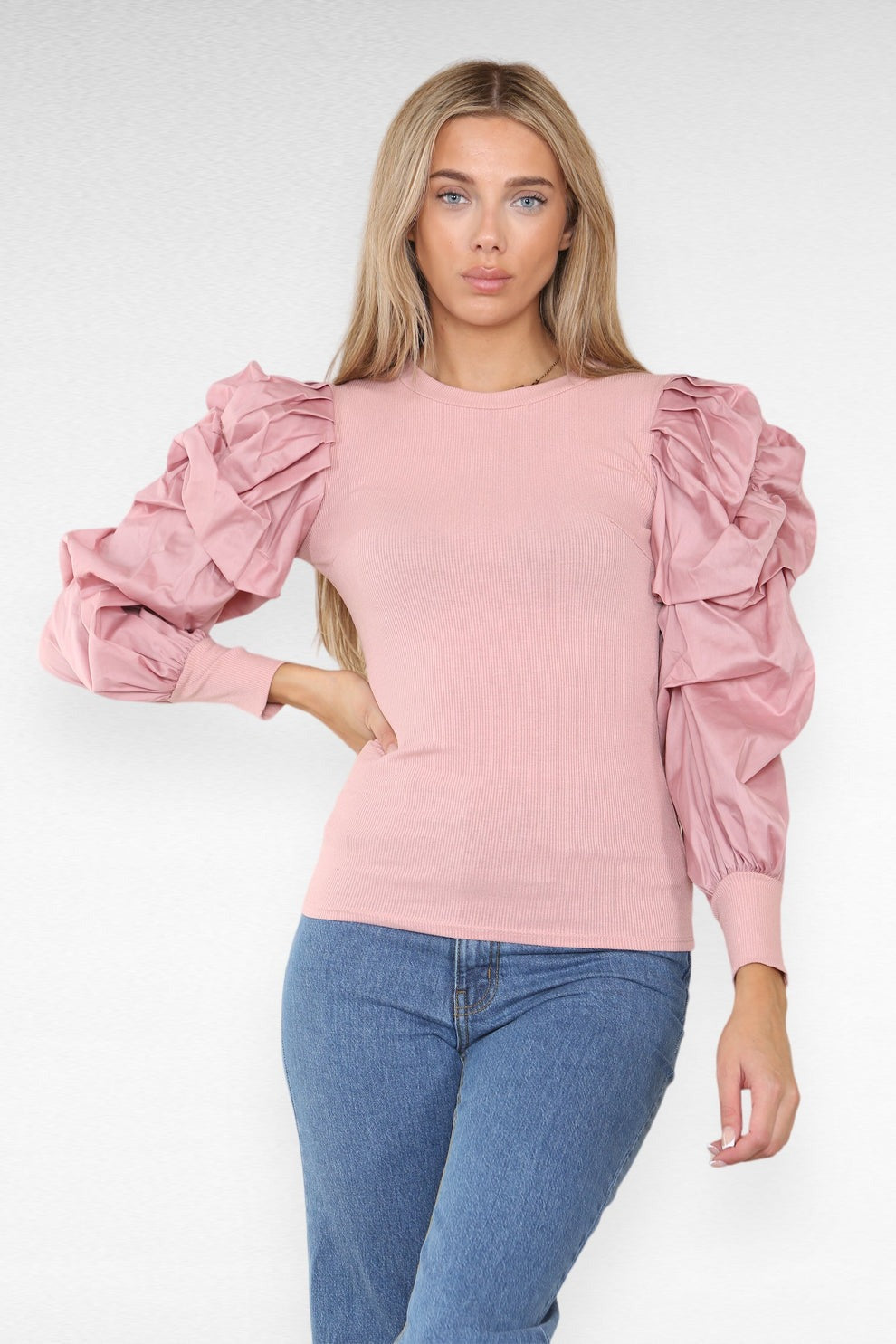 Oversized Puff Sleeves Ribbed Top - AApex Store 