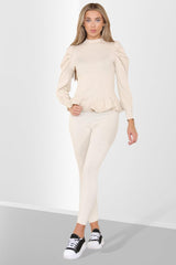 Puff Sleeves Set Frill Hem Peplum Ribbed Lounge Wear Suit - AApex Store 