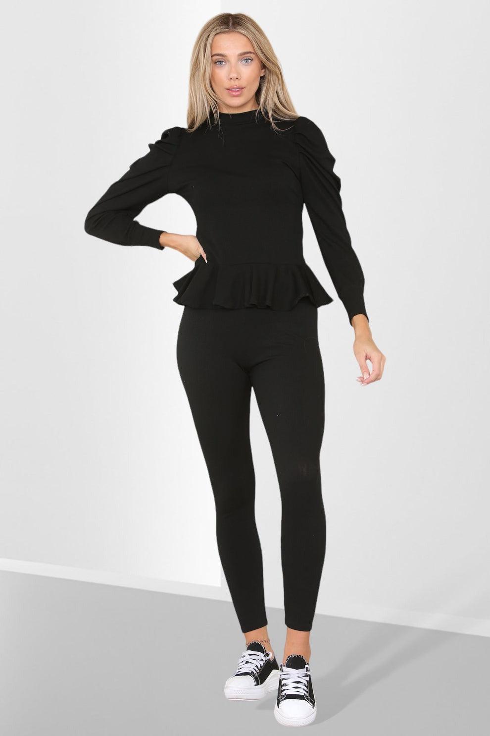 Puff Sleeves Set Frill Hem Peplum Ribbed Lounge Wear Suit - AApex Store 