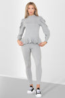 Puff Sleeves Set Frill Hem Peplum Ribbed Lounge Wear Suit - AApex Store 