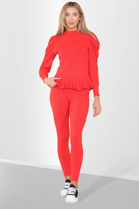 Puff Sleeves Set Frill Hem Peplum Ribbed Lounge Wear Suit - AApex Store 