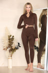 Beige Ribbed Tracksuit Two Piece Set With Half Zip Detail Gym Loungewear - AApex Store 