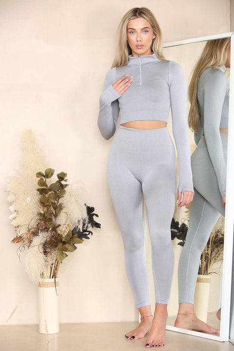 Beige Ribbed Tracksuit Two Piece Set With Half Zip Detail Gym Loungewear - AApex Store 