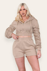 Ruched Sleeves Cropped Zip Up Front Elasticated Hem Hooded & Shorts Fleece Co-Ord Set - AApex Store 