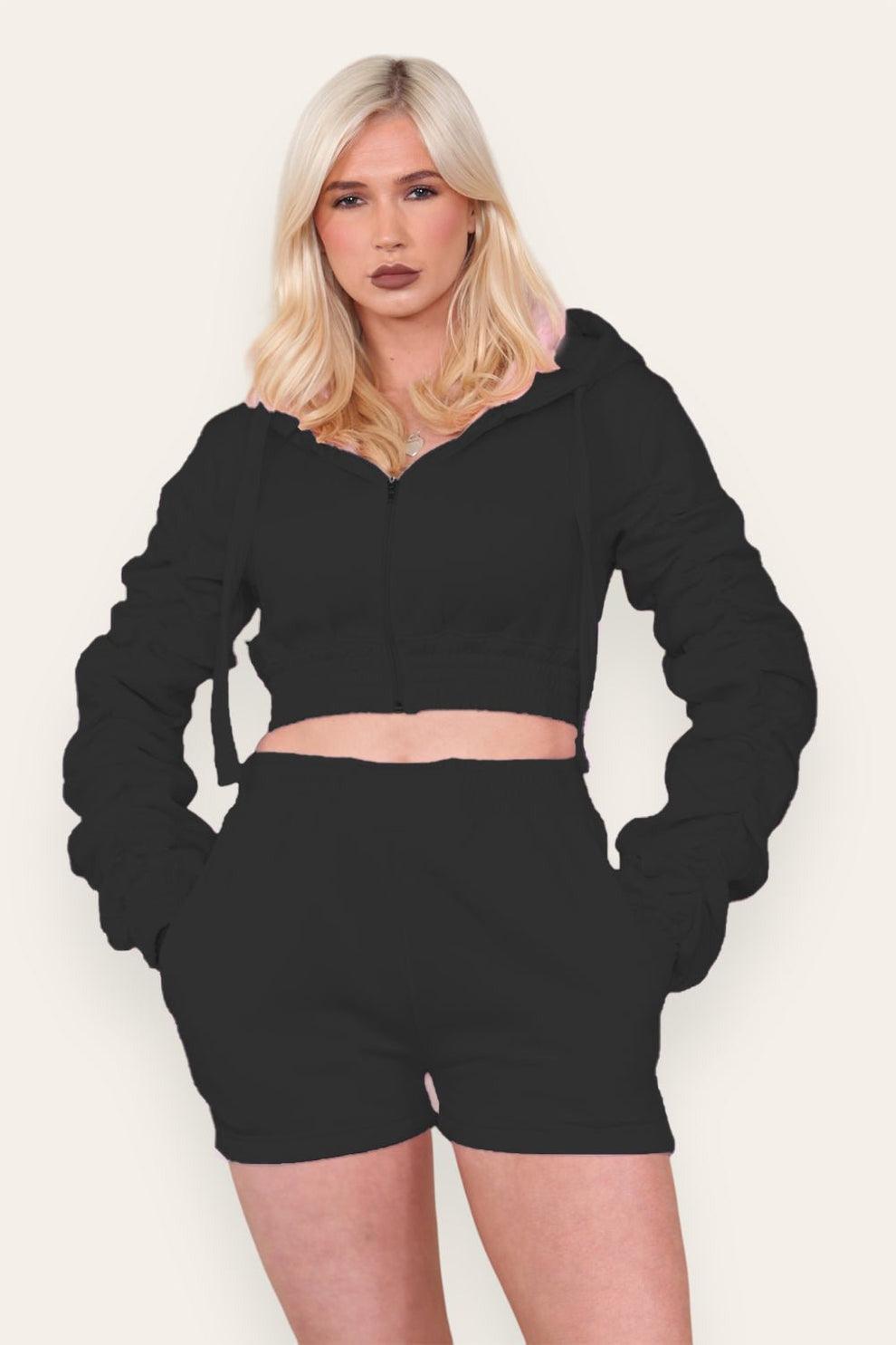 Ruched Sleeves Cropped Zip Up Front Elasticated Hem Hooded & Shorts Fleece Co-Ord Set - AApex Store 