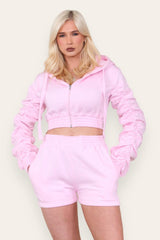 Ruched Sleeves Cropped Zip Up Front Elasticated Hem Hooded & Shorts Fleece Co-Ord Set - AApex Store 