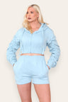 Ruched Sleeves Cropped Zip Up Front Elasticated Hem Hooded & Shorts Fleece Co-Ord Set - AApex Store 