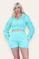 Ruched Sleeves Cropped Zip Up Front Elasticated Hem Hooded & Shorts Fleece Co-Ord Set - AApex Store 