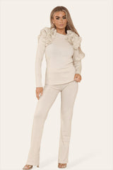 Ruffle Frill Shoulder Ribbed Loungewear Co-Ord Top & Trouser Set - AApex Store 