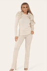 Ruffle Frill Shoulder Ribbed Loungewear Co-Ord Top & Trouser Set - AApex Store 