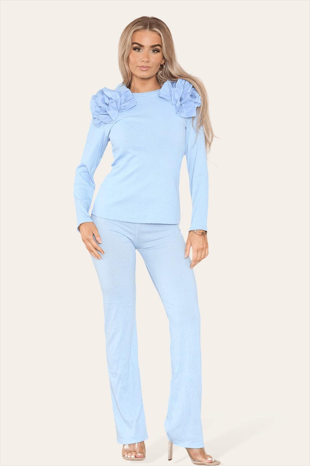 Ruffle Frill Shoulder Ribbed Loungewear Co-Ord Top & Trouser Set - AApex Store 