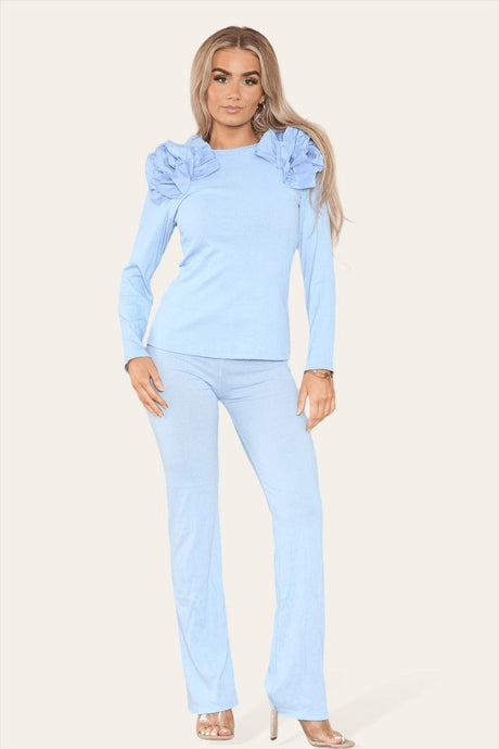 Ruffle Frill Shoulder Ribbed Loungewear Co-Ord Top & Trouser Set - AApex Store 