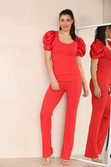 Silky Satin Puff Sleeves Ribbed Lounge Set - AApex Store 