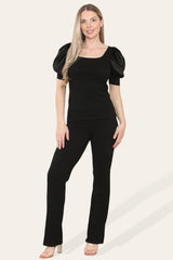 Silky Satin Puff Sleeves Ribbed Lounge Set - AApex Store 