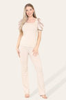 Silky Satin Puff Sleeves Ribbed Lounge Set - AApex Store 