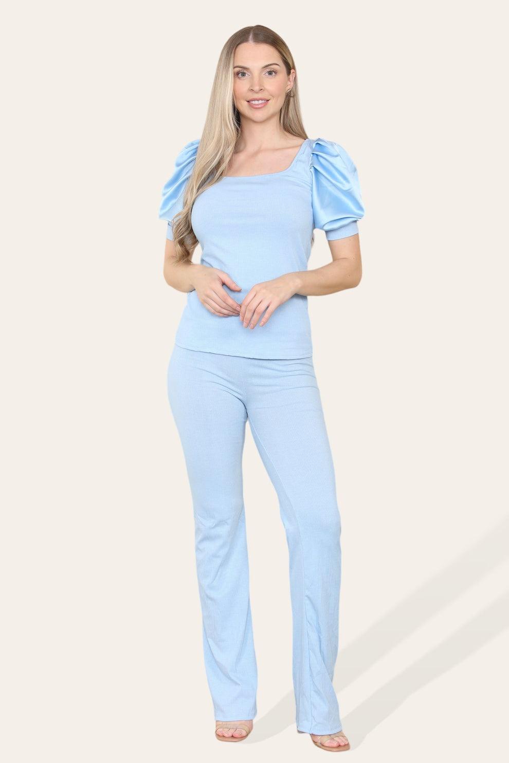 Silky Satin Puff Sleeves Ribbed Lounge Set - AApex Store 