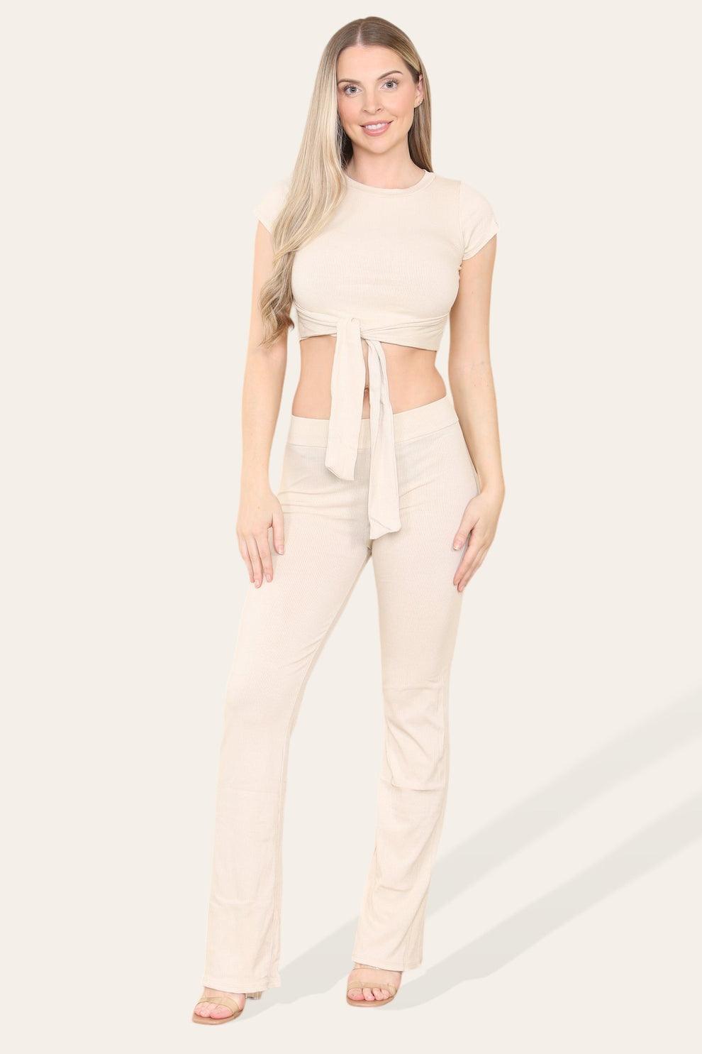 Tie Belt Front Cropped Loungewear Ribbed Trousers Set - AApex Store 