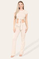 Tie Belt Front Cropped Loungewear Ribbed Trousers Set - AApex Store 