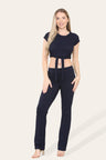 Tie Belt Front Cropped Loungewear Ribbed Trousers Set - AApex Store 