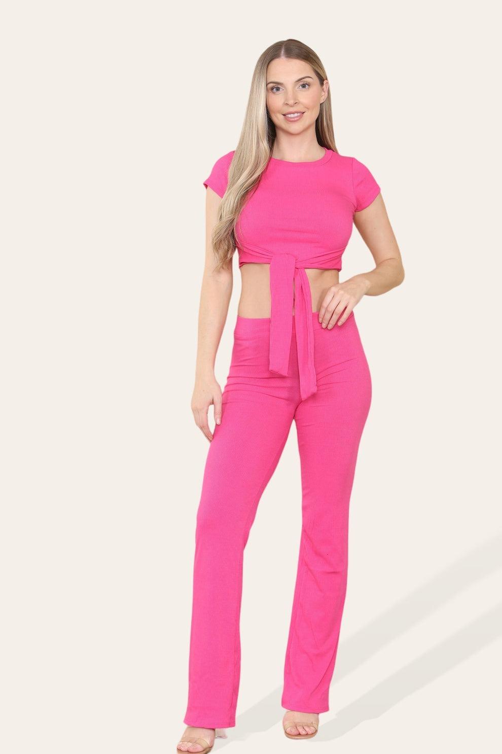 Tie Belt Front Cropped Loungewear Ribbed Trousers Set - AApex Store 