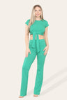 Tie Belt Front Cropped Loungewear Ribbed Trousers Set - AApex Store 