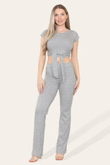 Tie Belt Front Cropped Loungewear Ribbed Trousers Set - AApex Store 